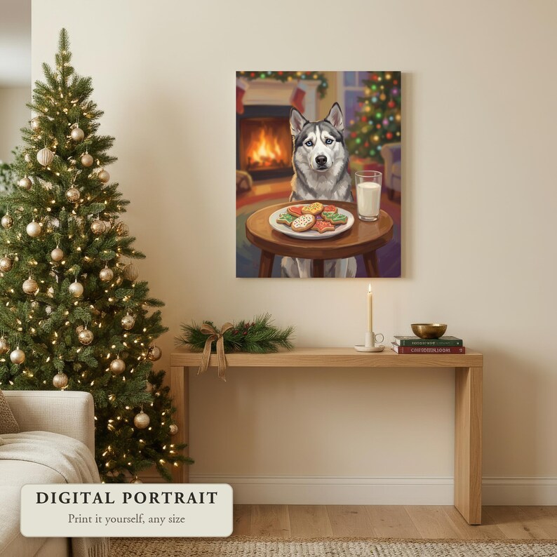Custom dog portrait of a dog eyeing Santa’s cookies and milk, hung on a wall in a living room decorated for Christmas, shown as a digital file you print yourself