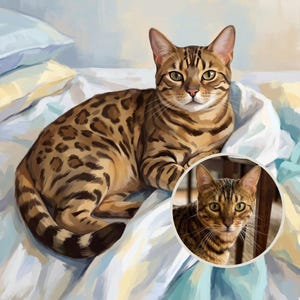 Personalized Cat Portrait from Photo, Cat on Unmade Bed Portrait, Funny Cat Art, Bedroom Wall Art Digital Download