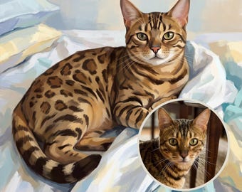 Personalized Cat Portrait from Photo, Cat on Unmade Bed Portrait, Funny Cat Art, Bedroom Wall Art, Printable Wall Art, Pastel Artwork