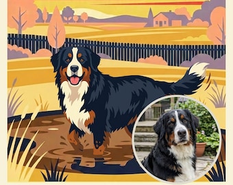 Personalized Dog Portrait from Photo, Dog Splashing in the Mud Puddle Illustration, Retro Travel Poster Digital, Printable Wall Art