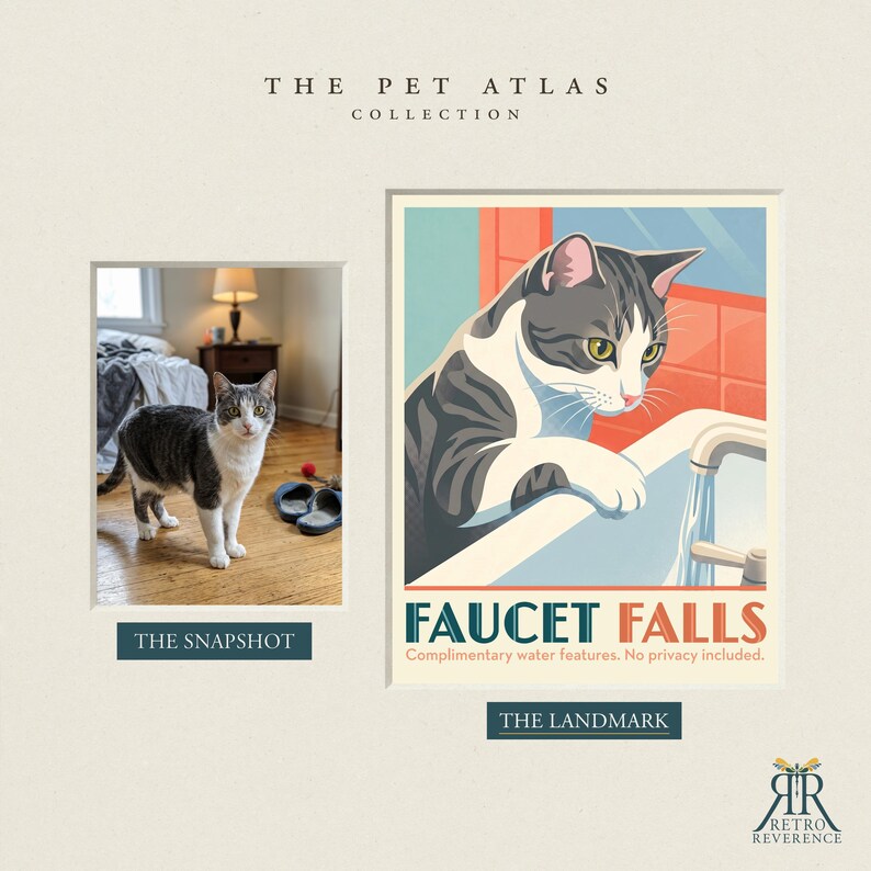 Op de afbeelding: Een print getiteld The Pet Atlas Collection met een grijs-witte kat in een slaapkamerfoto en een gestileerde illustratie genaamd Faucet Falls met de tekst Complimentary water features. No privacy included. bij een wastafel.