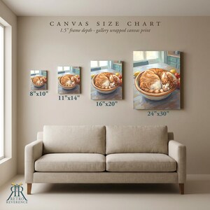 May include: A canvas size chart displaying four gallery wrapped canvas prints of an orange tabby cat curled in a bowl. Sizes include 8"x10", 11"x14", 16"x20", and 24"x30" with a 1.5" frame depth. The text reads CANVAS SIZE CHART and Retro Reverence.