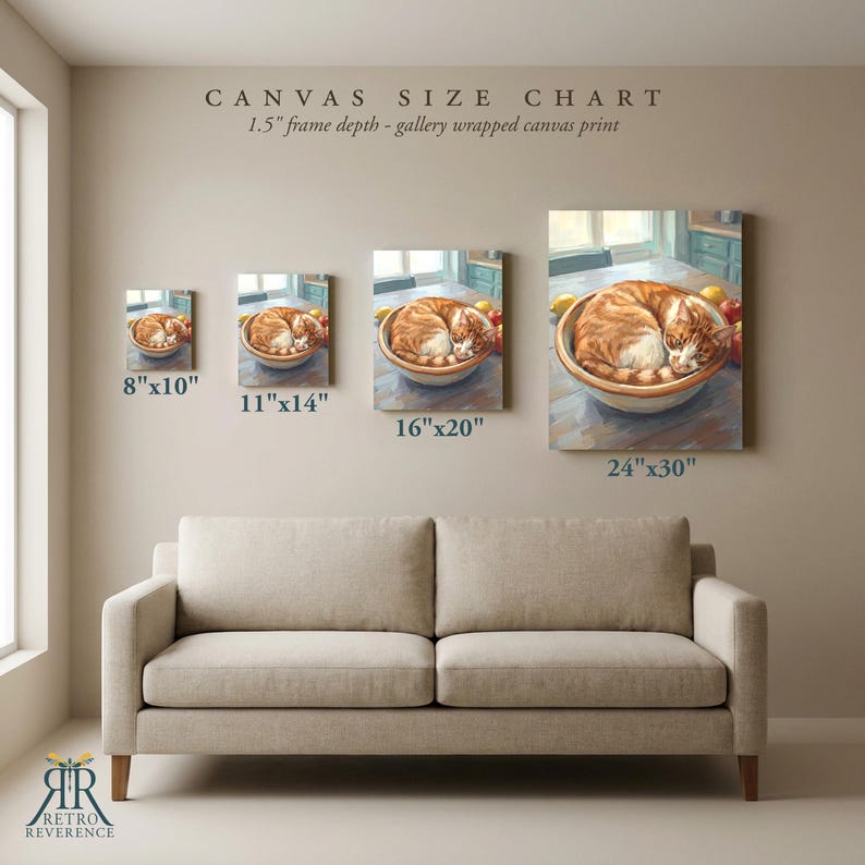 May include: A canvas size chart displaying four gallery wrapped canvas prints of an orange tabby cat curled in a bowl. Sizes include 8"x10", 11"x14", 16"x20", and 24"x30" with a 1.5" frame depth. The text reads CANVAS SIZE CHART and Retro Reverence.