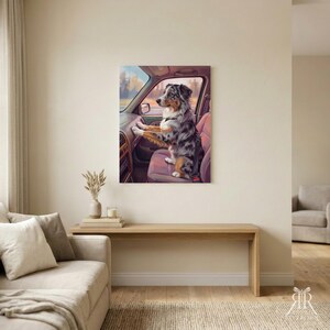 May include: A rectangular wall art print featuring a blue merle Australian Shepherd sitting in the passenger seat of a car. The dog is wearing a black harness and is looking out the window with its front paws resting on the dashboard.