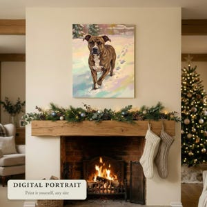Custom dog portrait of a dog running through the snow, hung above a fireplace mantel in a living room, shown as a digital file you print yourself
