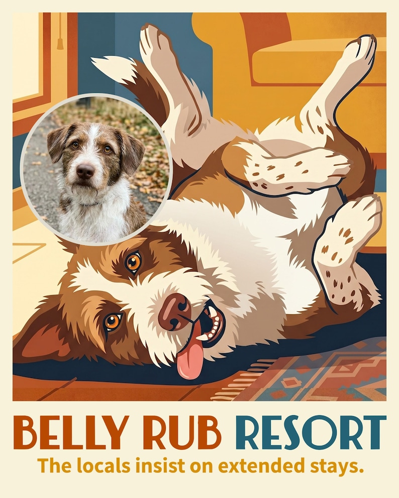 Pampered Personalized Dog Portrait from Your Photo, Spa Resort Retro Travel Poster Art Digital Download
