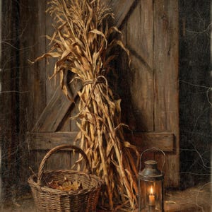 Corn Stalks by the Barn Door Art Print, Moody Vintage Fall Wall Decor, Harvest Basket and Lantern, Instant Digital Download