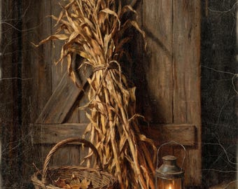 Corn Stalks by the Barn Door Printable Wall Art, Vintage Style Fall Wall Decor, Autumn Illustration, Dining Room Prints, Americana Decor