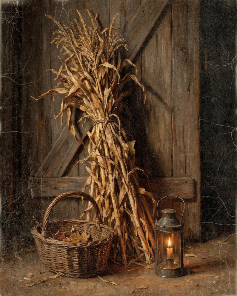 Corn Stalks by the Barn Door Art Print, Moody Vintage Fall Wall Decor, Harvest Basket and Lantern, Instant Digital Download