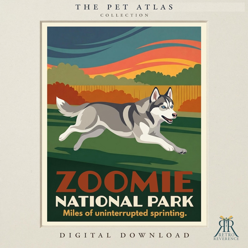 Peut inclure: Une impression d'art num&eacute;rique intitul&eacute;e The Pet Atlas Collection repr&eacute;sentant un husky gris et blanc courant dans un champ vert. Le texte indique Zoomie National Park, Miles of uninterrupted sprinting. Le fond montre des arbres orange et un ciel au coucher du soleil.