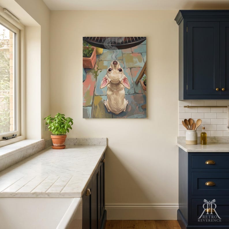 May include: A rectangular wall art print featuring a light tan Chihuahua sitting on a multi-colored stone patio, looking upward toward a black circular grill with visible wisps of smoke rising from the grate, rendered in a painterly style.