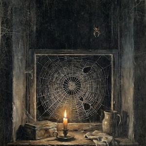 Spider Web Digital Art Print, Moody Vintage Style Halloween Wall Decor, Creepy Cobweb Window and Candlelight, Instant Digital Download