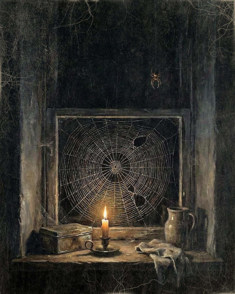 Spider Web Digital Art Print, Moody Vintage Style Halloween Wall Decor, Creepy Cobweb Window and Candlelight, Instant Digital Download