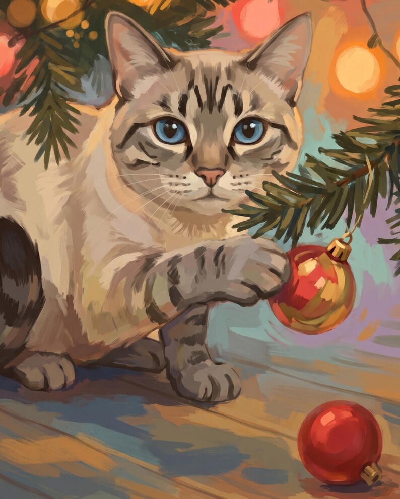 Personalized Cat Portrait from Photo, Christmas Kitten Art, Digital Cat Illustration, Holiday Wall Art, Xmas Decor, Above Couch Art image 2