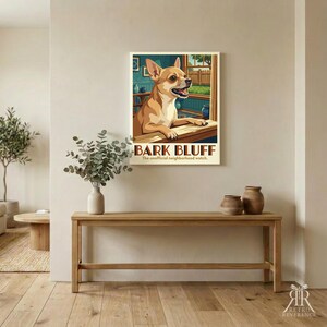 May include: A rectangular wall art print featuring a tan and white chihuahua resting on a wooden ledge. The text reads BARK BLUFF and The unofficial neighborhood watch. The illustration depicts a room interior with a window and blue walls.