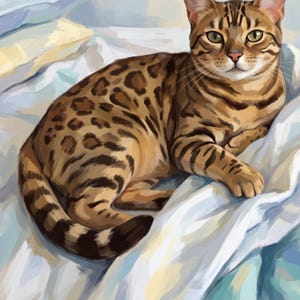 Personalized Cat Portrait from Photo, Cat on Unmade Bed Portrait, Funny Cat Art, Bedroom Wall Art, Printable Wall Art, Pastel Artwork immagine 2
