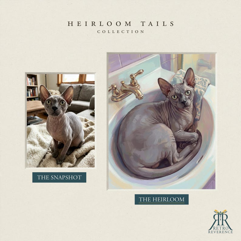 May include: A side-by-side comparison featuring a photograph labeled THE SNAPSHOT showing a grey Sphynx cat on a blanket, and an artistic painting labeled THE HEIRLOOM depicting the same cat sitting inside a white bathroom sink with a faucet.