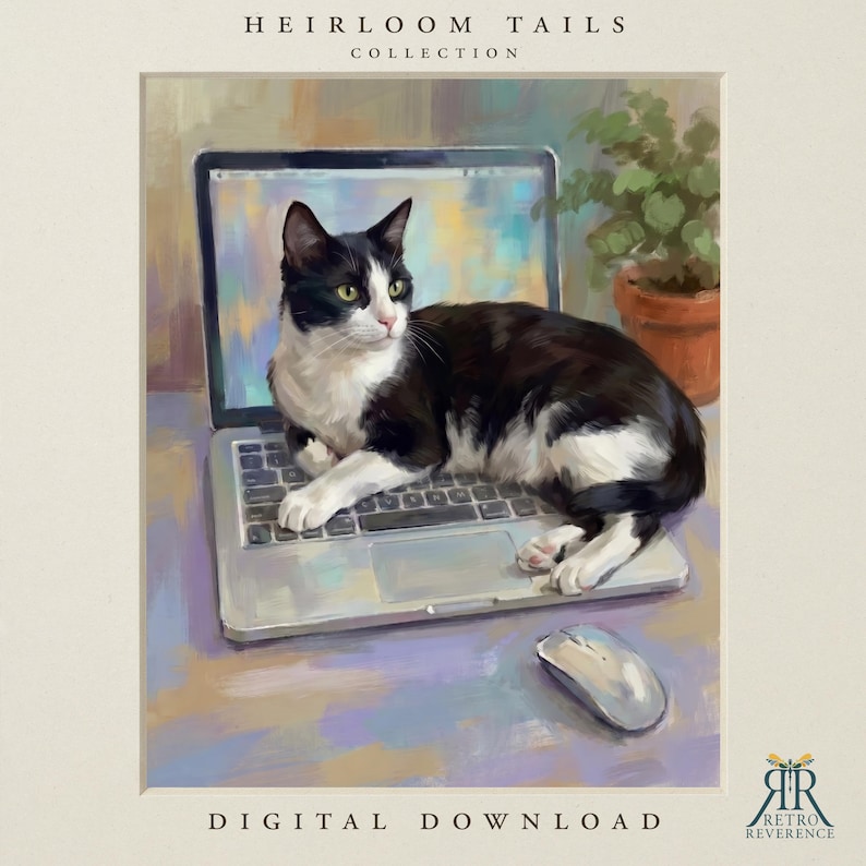 Puede incluir: Una pintura digital titulada HEIRLOOM TAILS COLLECTION que muestra un gato blanco y negro acostado sobre el teclado de una computadora port&aacute;til plateada abierta. Una planta verde en maceta est&aacute; a la derecha y un rat&oacute;n est&aacute; debajo.