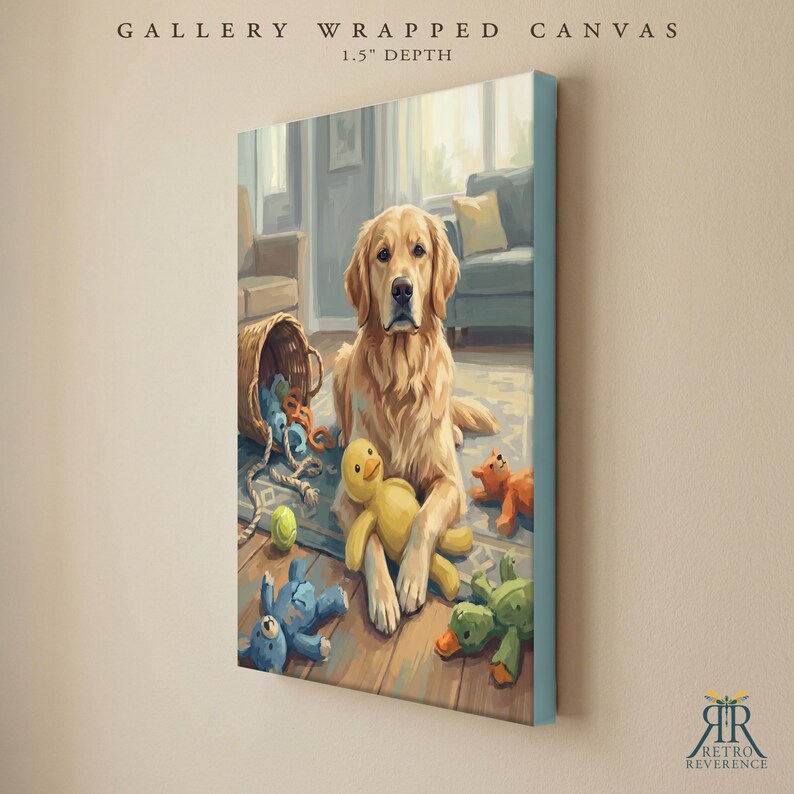 May include: A gallery wrapped canvas with a 1.5 inch depth featuring a golden retriever sitting on a wooden floor surrounded by various dog toys, including a yellow duck, a blue bear, a green turtle, and a wicker basket.