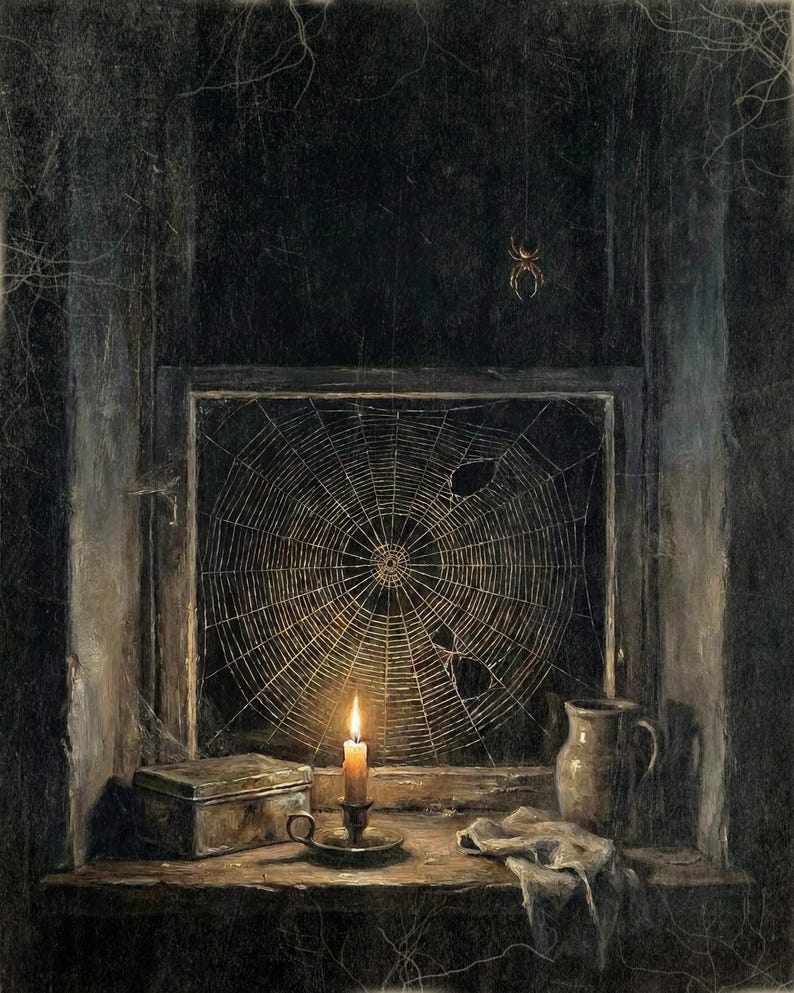 Cobweb and Candlelight Wall Art, Moody Vintage Style Halloween Decor, Gothic Still Life Art Print or Canvas