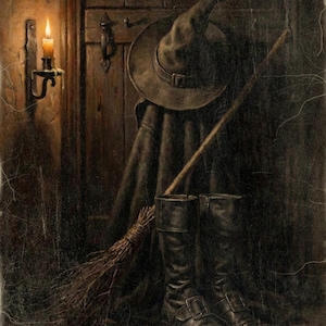 Witch Hat Broom and Boots Printable Wall Art, Moody Vintage Style Halloween Wall Decor, Candlelit Cottage Door, Instant Digital Download