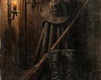 Witch Hat Broom and Boots Printable Wall Art, Moody Vintage Style Halloween Wall Decor, Witch Decor, Gothic Home Decor, Spooky Illustration