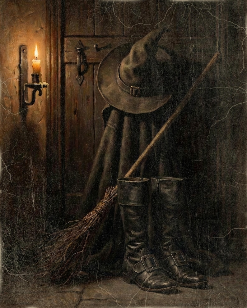 Witch Hat Broom and Boots Printable Wall Art, Moody Vintage Style Halloween Wall Decor, Candlelit Cottage Door, Instant Digital Download