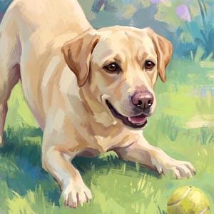 Dog in the Garden Wall Art Canvas, Dog with Tennis Ball Print, Personalized Dog Portrait from Photo, Illustrated Dog, Garden Artwork image 2