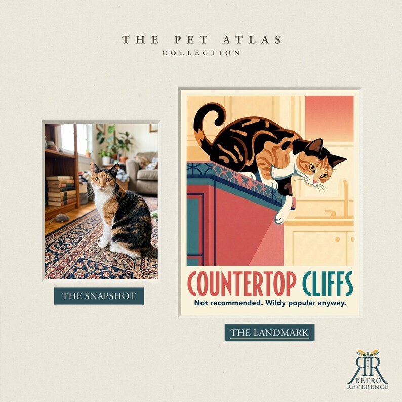May include: A print titled The Pet Atlas Collection featuring a calico cat sitting on a kitchen counter. The text reads Countertop Cliffs, Not recommended. Wildy popular anyway. Beside it is a photograph labeled The Snapshot of the same cat.