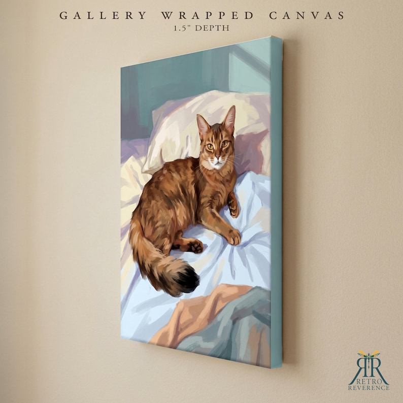 May include: A gallery wrapped canvas with a 1.5 inch depth featuring a digital painting of a brown tabby cat resting on white and light blue bedding. The cat has pointed ears, amber eyes, and a long, fluffy tail, set against a soft teal background.