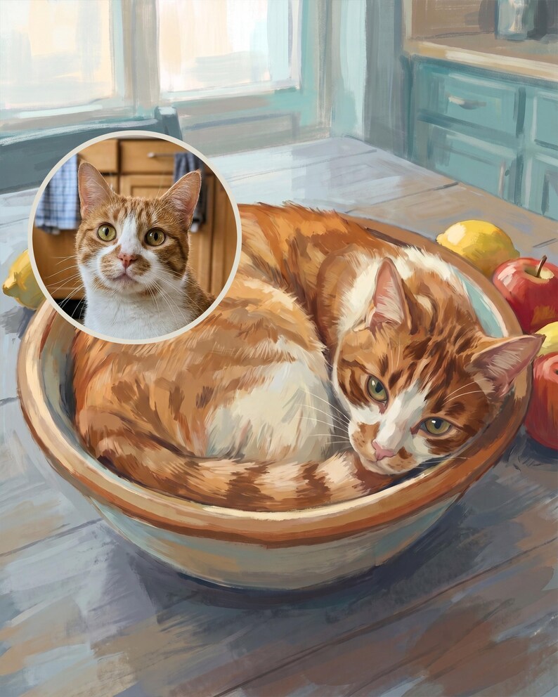 Zen Custom Cat Portrait from Your Photo, Cottage Kitchen Art Digital Download