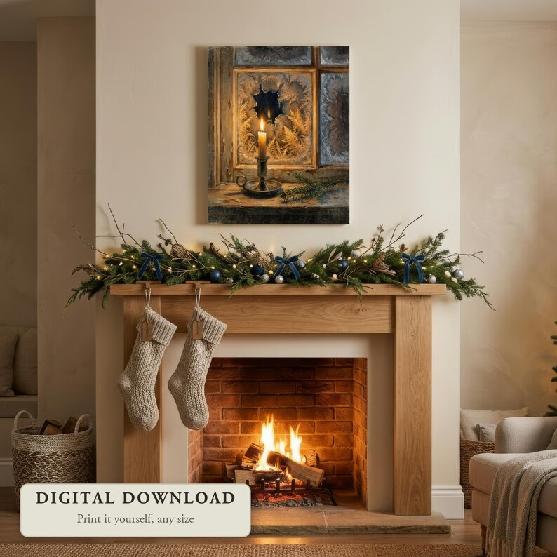 Vintage style Christmas art of a candle glowing in a frosted window, hung on a wall in a living room decorated for Christmas, shown as a digital file you print yourself