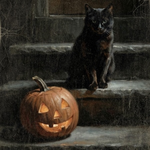 Halloween Cat and Pumpkin Wall Art, Moody Vintage Style Fall Decor, Spooky Stairway Art Print or Canvas