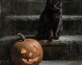 Halloween Cat and Pumpkin Wall Art, Moody Vintage Style Fall Decor, Spooky Stairway Art, Spooky Artwork, Hallway Decor, Art Print or Canvas