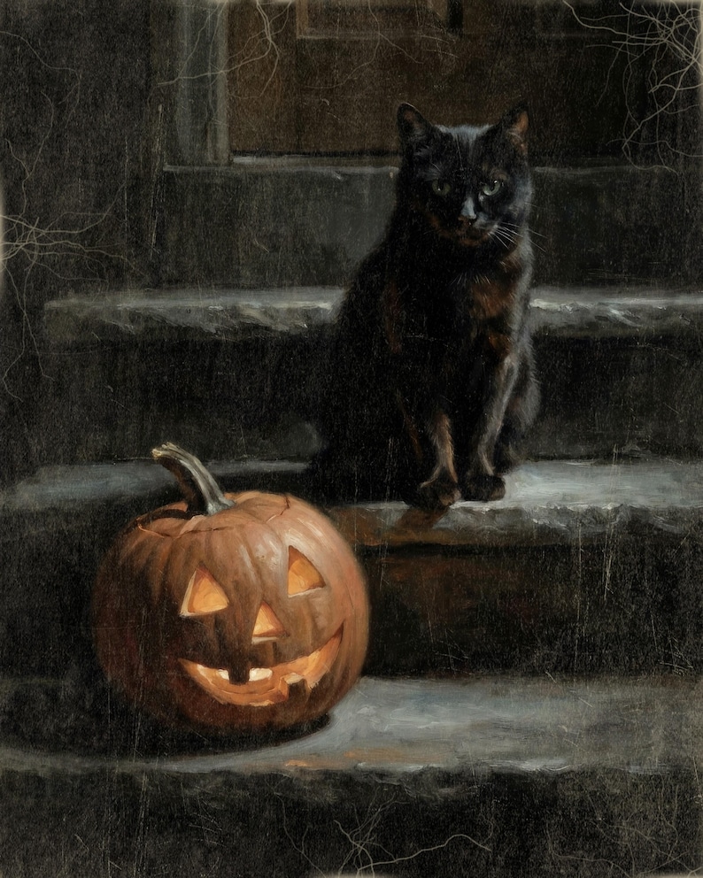 Halloween Cat and Pumpkin Wall Art, Moody Vintage Style Fall Decor, Spooky Stairway Art Print or Canvas