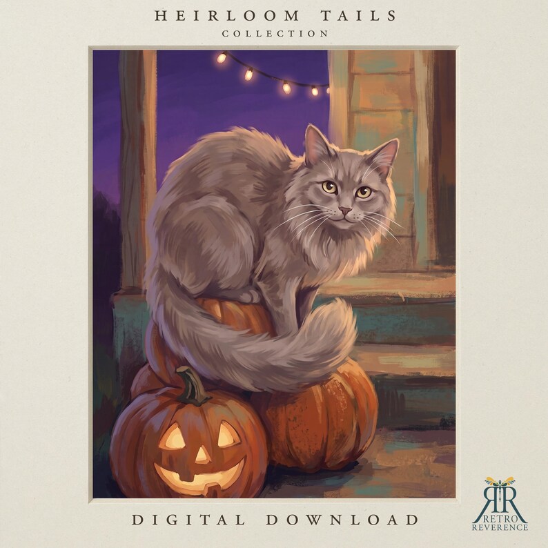 May include: A digital illustration titled Heirloom Tails Collection featuring a fluffy gray cat perched on orange pumpkins, one of which is a carved jack-o'-lantern with a glowing face. String lights hang in the background at dusk.