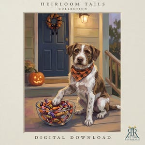 May include: A digital illustration titled Heirloom Tails Collection featuring a brown and white dog wearing an orange and black plaid bandana. The dog sits on a porch next to a glass bowl filled with colorful candy and a jack-o'-lantern.