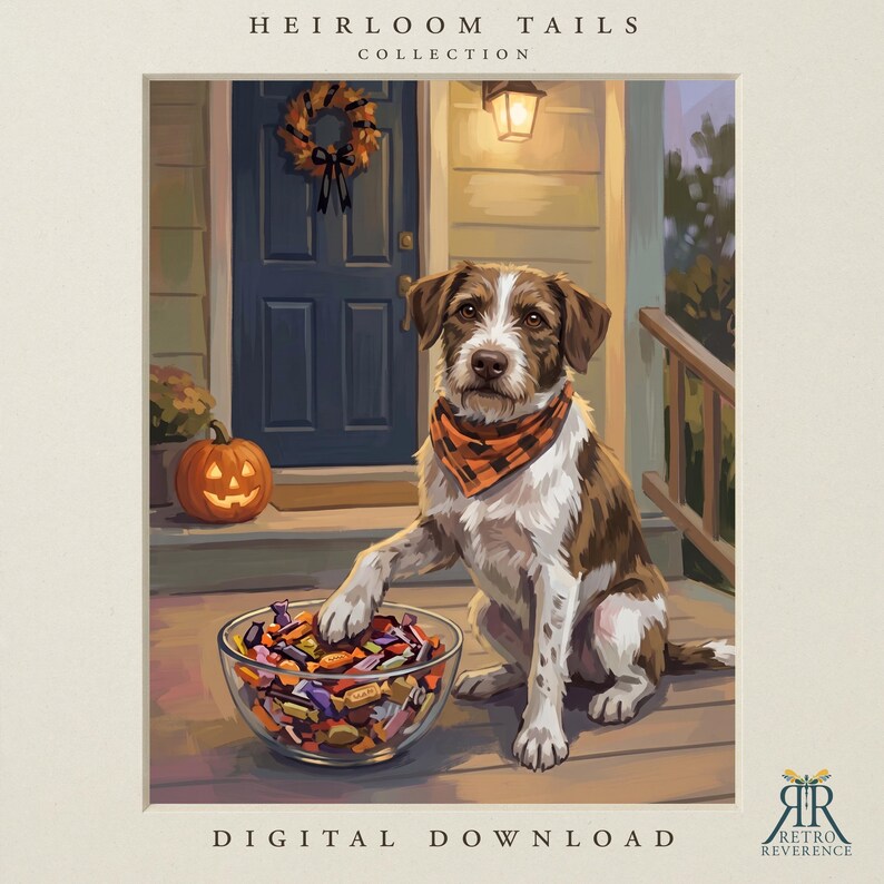 May include: A digital illustration titled Heirloom Tails Collection featuring a brown and white dog wearing an orange and black plaid bandana. The dog sits on a porch next to a glass bowl filled with colorful candy and a jack-o'-lantern.