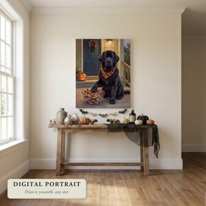 Custom dog portrait of a dog guarding the Halloween candy bowl, hung on a wall in an entryway decorated for Halloween, shown as a digital file you print yourself