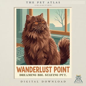 May include: A digital art print titled The Pet Atlas Collection featuring a long-haired brown cat with orange eyes sitting near a window. The text reads Wanderlust Point, Dreaming Big. Staying Put. Digital Download, and Retro Reverence.