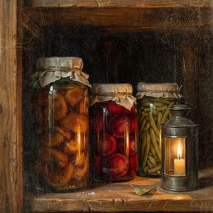 May include: Three glass jars filled with preserved food items, including sliced fruit, red plums, and green beans, sit on a wooden shelf next to a small metal lantern containing a lit white candle. The jars are sealed with paper covers.