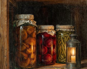 Vintage Style Pantry Shelf Wall Art, Thanksgiving Decor, Mason Jar Wall Art, Americana Artwork, Fall Still Life, Art Print or Canvas