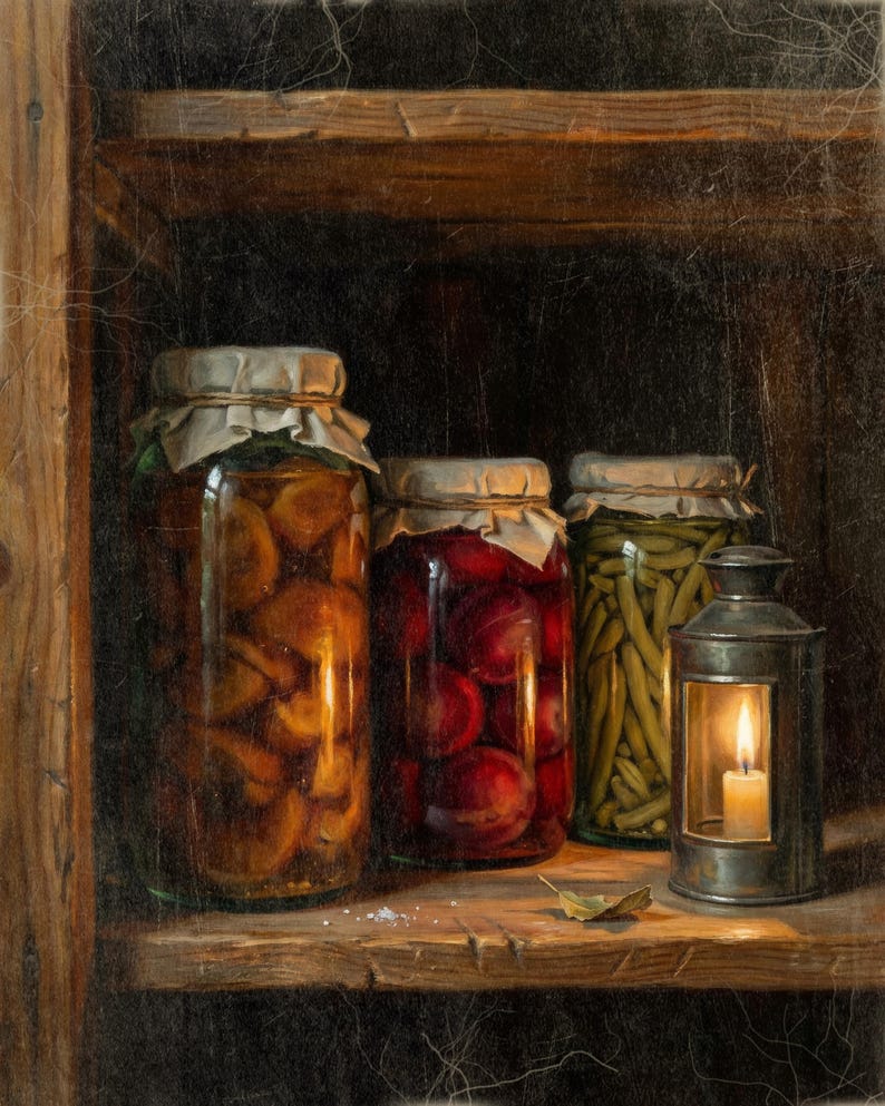 May include: Three glass jars filled with preserved food items, including sliced fruit, red plums, and green beans, sit on a wooden shelf next to a small metal lantern containing a lit white candle. The jars are sealed with paper covers.