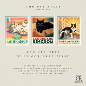 May include: A poster titled The Pet Atlas Collection featuring three illustrations of cats. The first shows a cat with a green toy labeled Catnip Canyon. The second shows a black cat in a box labeled Cardboard Kingdom. The third shows a cat in sunlight labeled Sunbeam Shores.