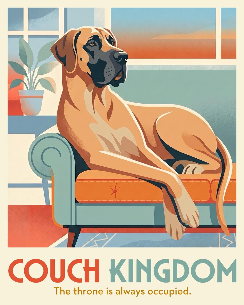 Personalized Dog Portrait from Photo, Giant Dog on the Couch Illustration, Retro Travel Poster Digital Download, Printable Wall Art image 2