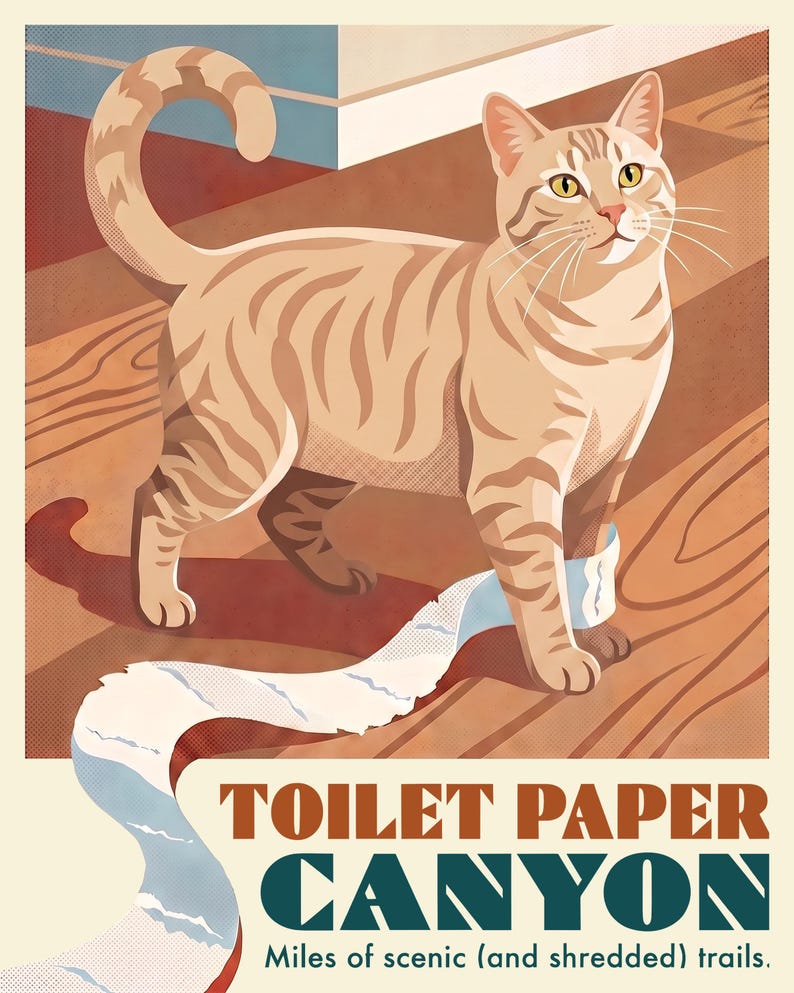 Custom Cat Portrait from Photo, Cat Unrolling the Toilet Paper, Travel Poster Artwork, Funny Bathroom Wall Art, Art Print or Canvas Bild 2