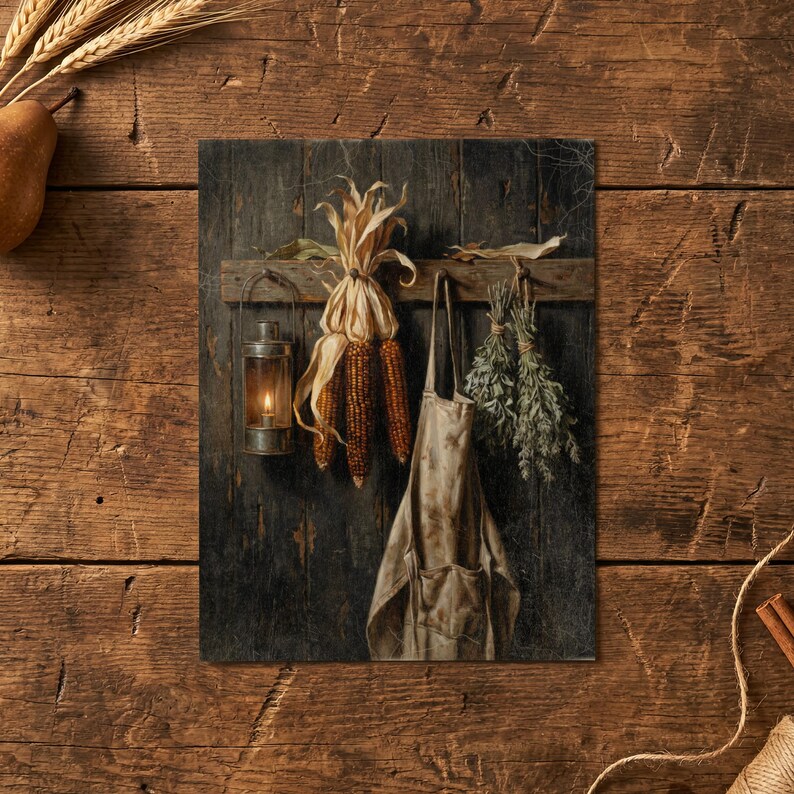 Corn Husks and Apron Wall Art, Vintage Style Thanksgiving Decor, Autumnal Artwork, Kitchen Still Life, Rustic Wall Art, Art Print or Canvas image 6