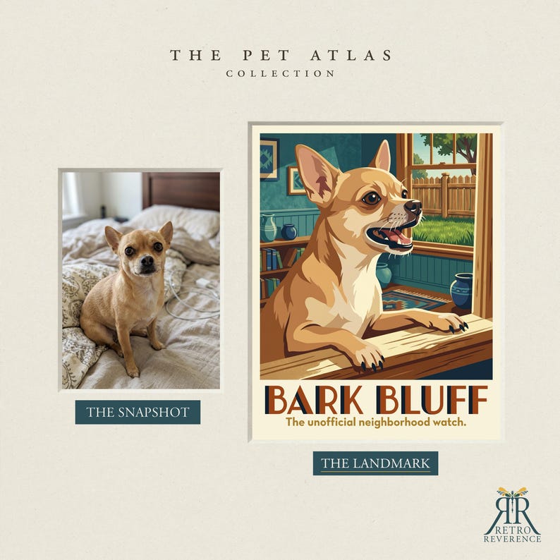 May include: A side-by-side comparison featuring a photograph of a tan chihuahua sitting on a bed labeled THE SNAPSHOT and a stylized illustration of the same dog looking out a window labeled THE LANDMARK, with the text BARK BLUFF The unofficial neighborhood watch.