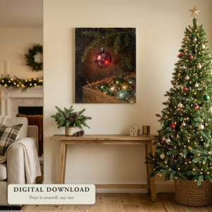 Vintage style Christmas art of a red glass ornament on a pine branch, hung on a wall in a living room decorated for Christmas, shown as a digital file you print yourself