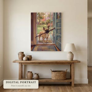 Custom dog portrait of a dog carrying a too big stick through the door, hung on a wall in an entryway, shown as a digital file you print yourself